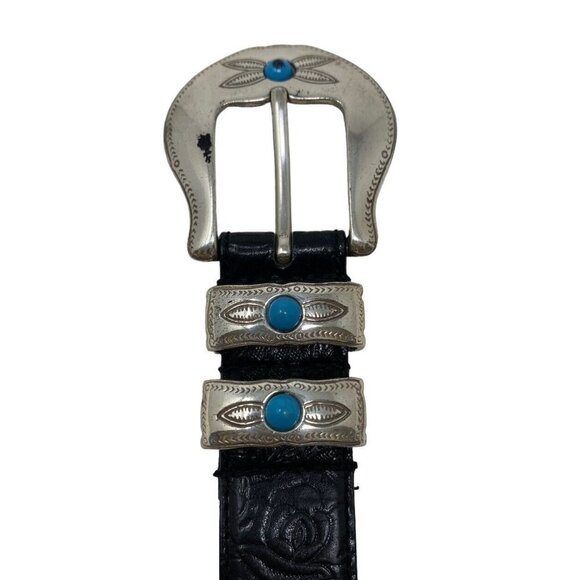 Steve Madden Rose Embossed Leather Black Belt‎ Turquoise Accent Western Style - Picture 3 of 6